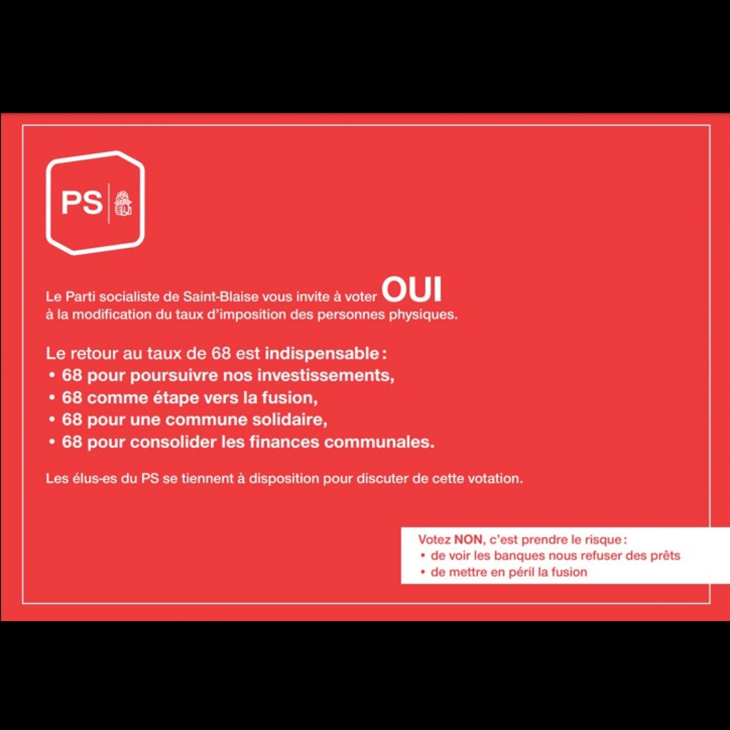 Votation à Saint-Blaise: OUI au retour au coefficient à 68 ! 